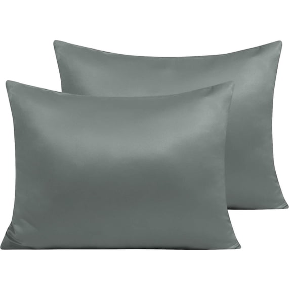 Zippered Satin Pillow Cases for Hair and Skin, Luxury Standard Hidden Zipper Pillowcases Set of 2, 20 x 26 Inches, Dark Grey