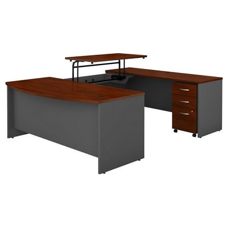 Bow Front Cabinet Stand SRC130HCSU Bush Business Furniture Hansen Cherry / Graphite Gray Series C 72W x 36D 3 Position Sit to Stand Bow Front U Shaped Desk with Mobile File Cabinet ()