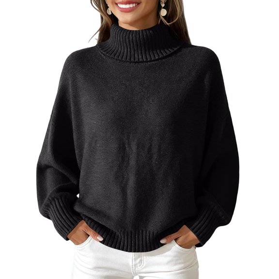 Women's Casual and Fashionable High Neck Long Sleeve Knitted Solid Color Top Sweater for Elegant and Comfortable Styles,Black,L