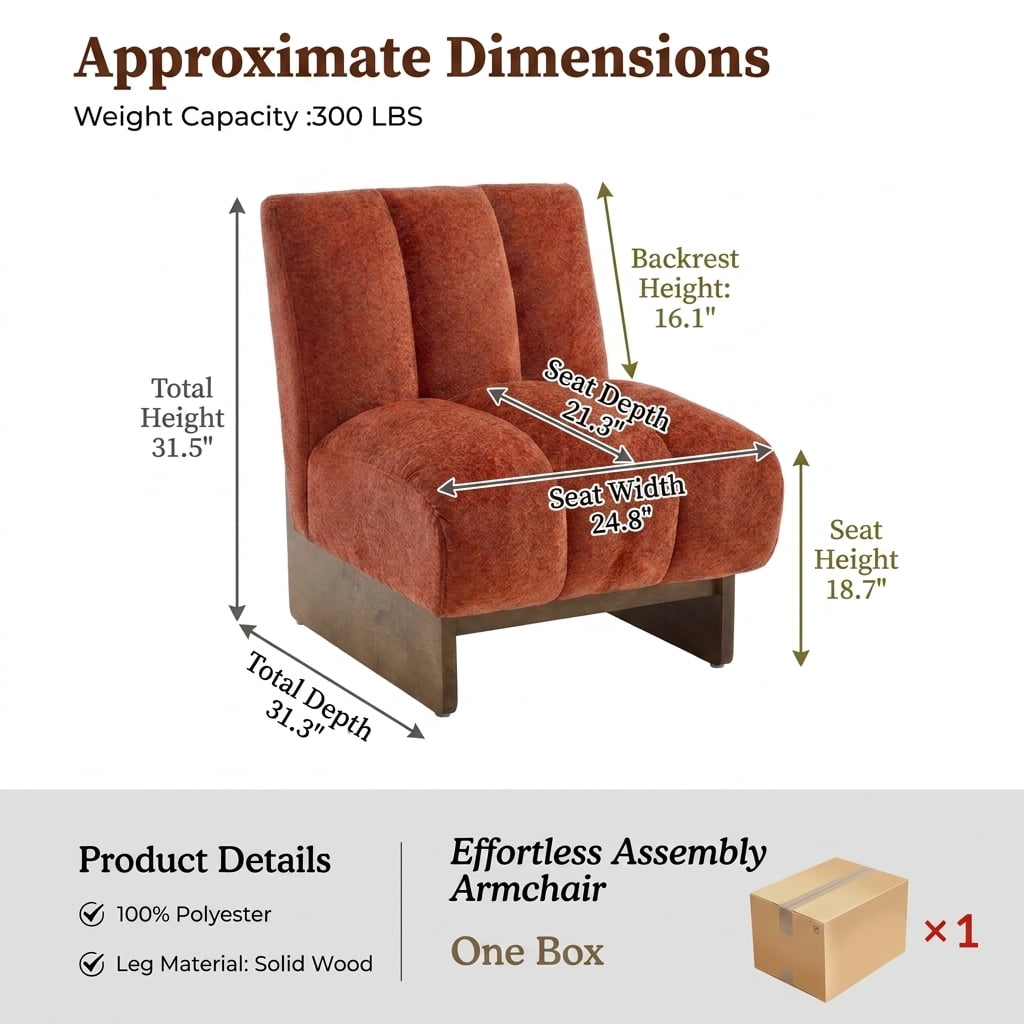MOONMISS Modern Chenille Fabric Armchair with Wood Legs, Comfy Upholstered Reading Accent Chairs for Living Room,Orange