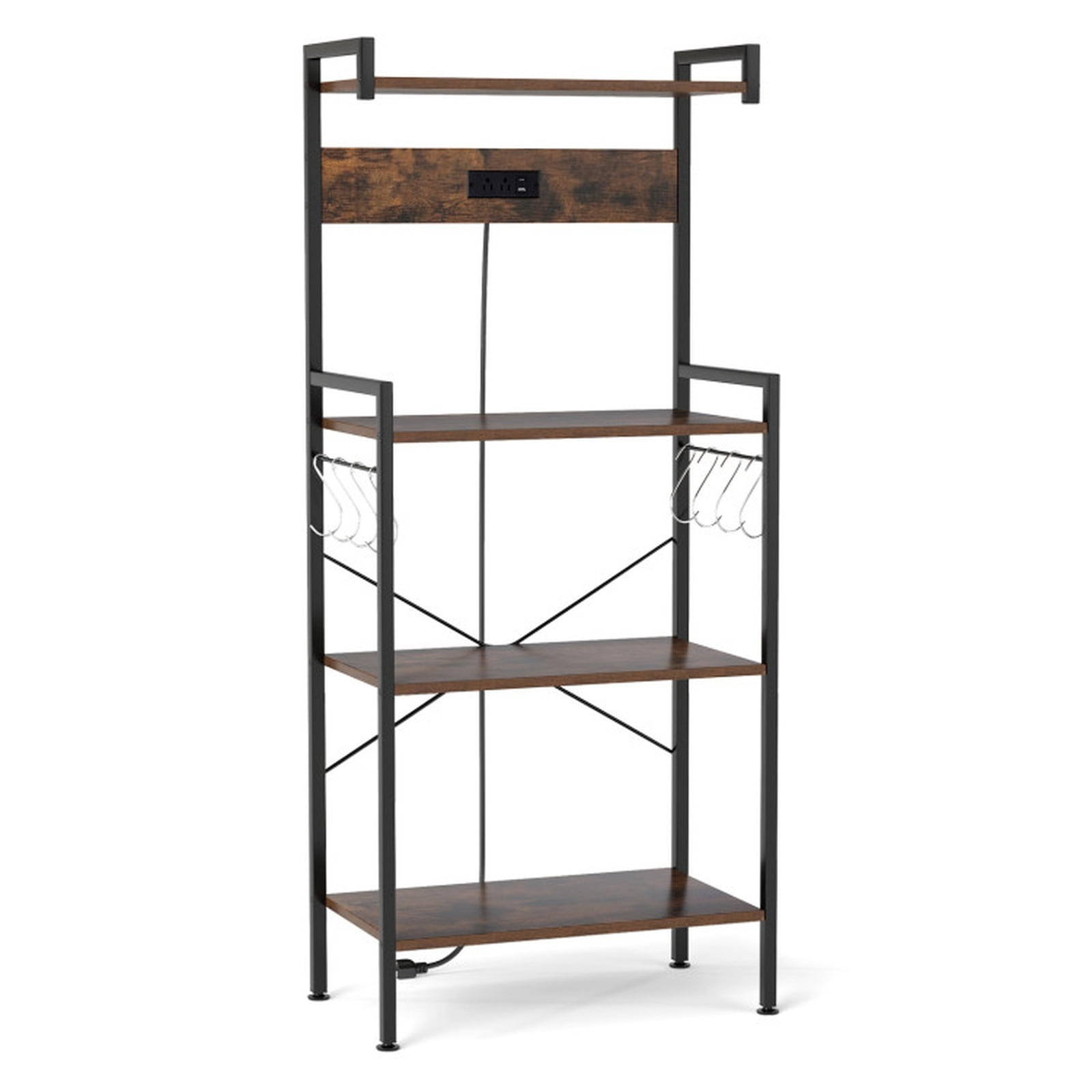 RUIE 4-Tier Kitchen Baker's Rack with Power Outlet and 8 S-Hooks, Industrial Coffee Bar Storage Shelf with ETL Charging Station, Rustic Brown