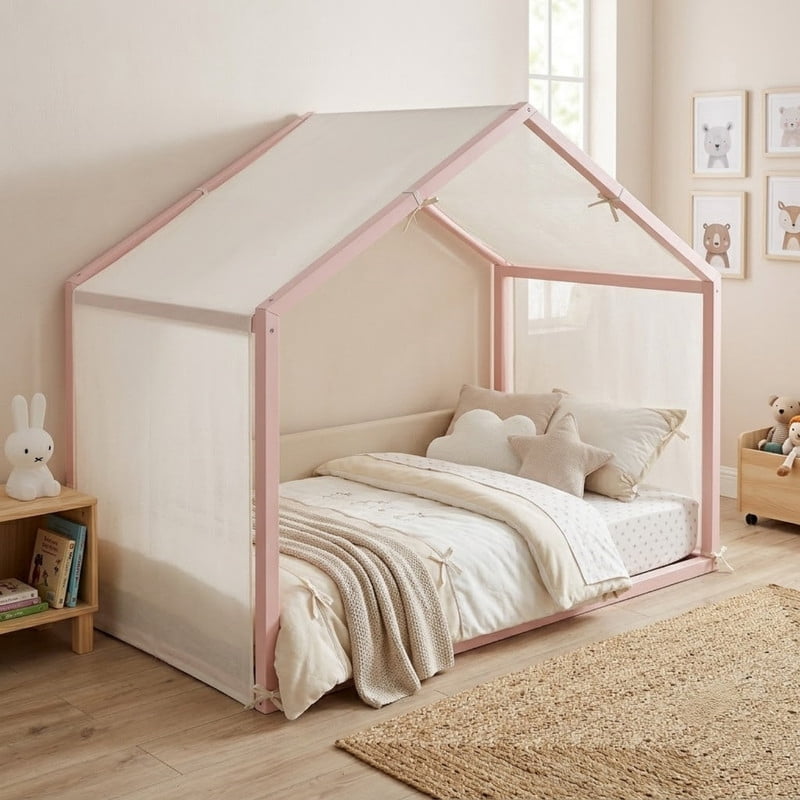 Twin Size Canopy Bed with Upholstered Velvet Side Panels and Breathable Linen Canopy Top, Soft-Padded Platform Bed Floor Montessori Bed for Kids Bedroom