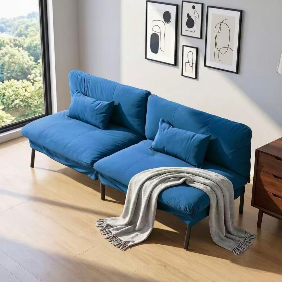 BSHTI 70" Velvet Convertible Futon Sofa Bed with Split Back & 5-Position Adjustment, Metal Frame, Tapered Legs, for Small Space & Guest Room,Blue