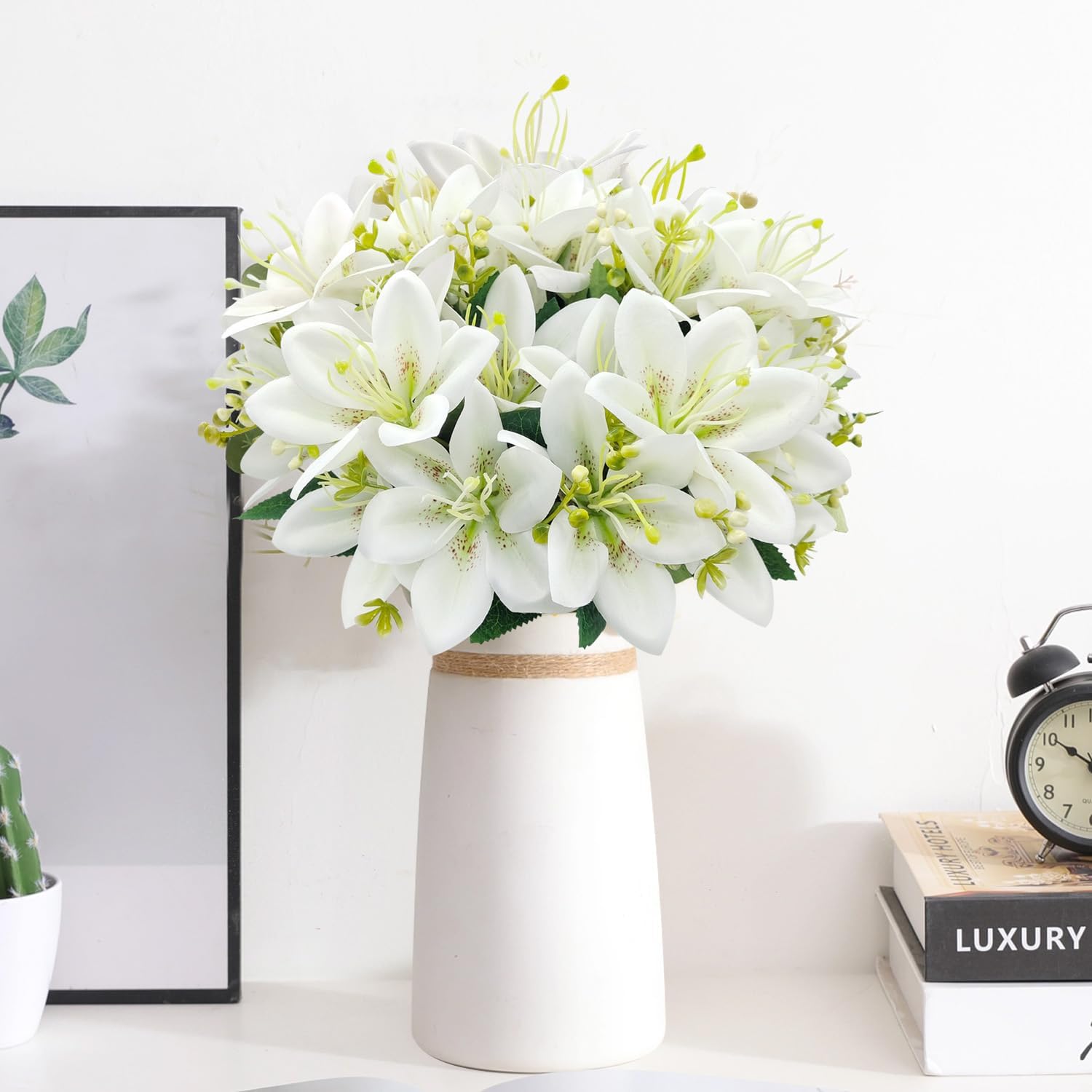 4 Bundles Artificial Tiger Lily Silk Flowers Faux Fake Lilies Plants for Wedding Bouquet Home Party Indoor Table Hotel Office Vases Floral Arrangements Outdoor Garden Decor (White)