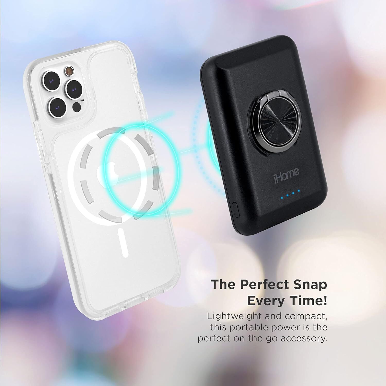 iHome Magnetic Portable Power Bank with Ring Stand, 5,000mAh, MagSafe Compatible, for iPhone 12 & 13