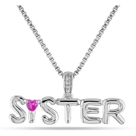 1/6 Carat T.G.W. Created Pink Sapphire and Diamond-Accent Sterling Silver SISTER Heart Pendant, 18