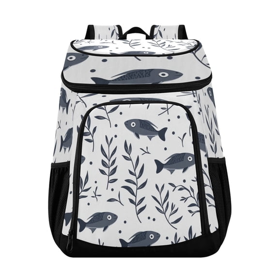 36 Can Capacity Insulated Backpack Cooler Lunch Bag for Picnics, Camping Seaweed and Sardine Pattern