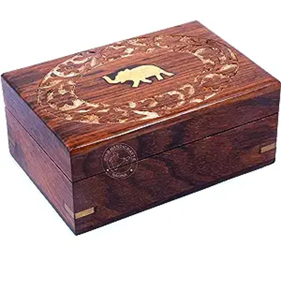 Hind Handicrafts Handmade Wooden Brass Elephant Inlaid Engraved Handcarved Jewellery Box / Urn for Women-Men Jewel - Storage & Organiser (6" x 4" x 2.5", Natural)