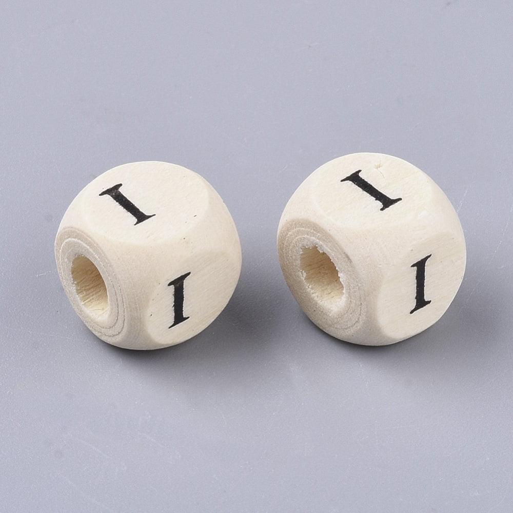 Printed Natural Wood Beads Horizontal Hole Cube with Initial Letter PapayaWhip Letter.I 10x10x10mm Hole: 3.5mm about 1000pcs/500g