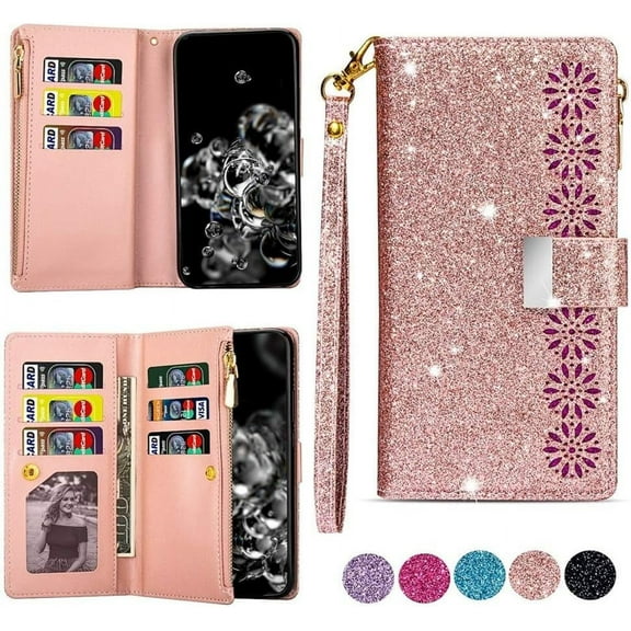 Zipper Wallet Case for Samsung Galaxy A32 5G [Not Fit A32 4G], Glitter Starry Laser PU Leather Flip Wallet Case with 9 Card Slots and Wrist Strap, Rose Gold