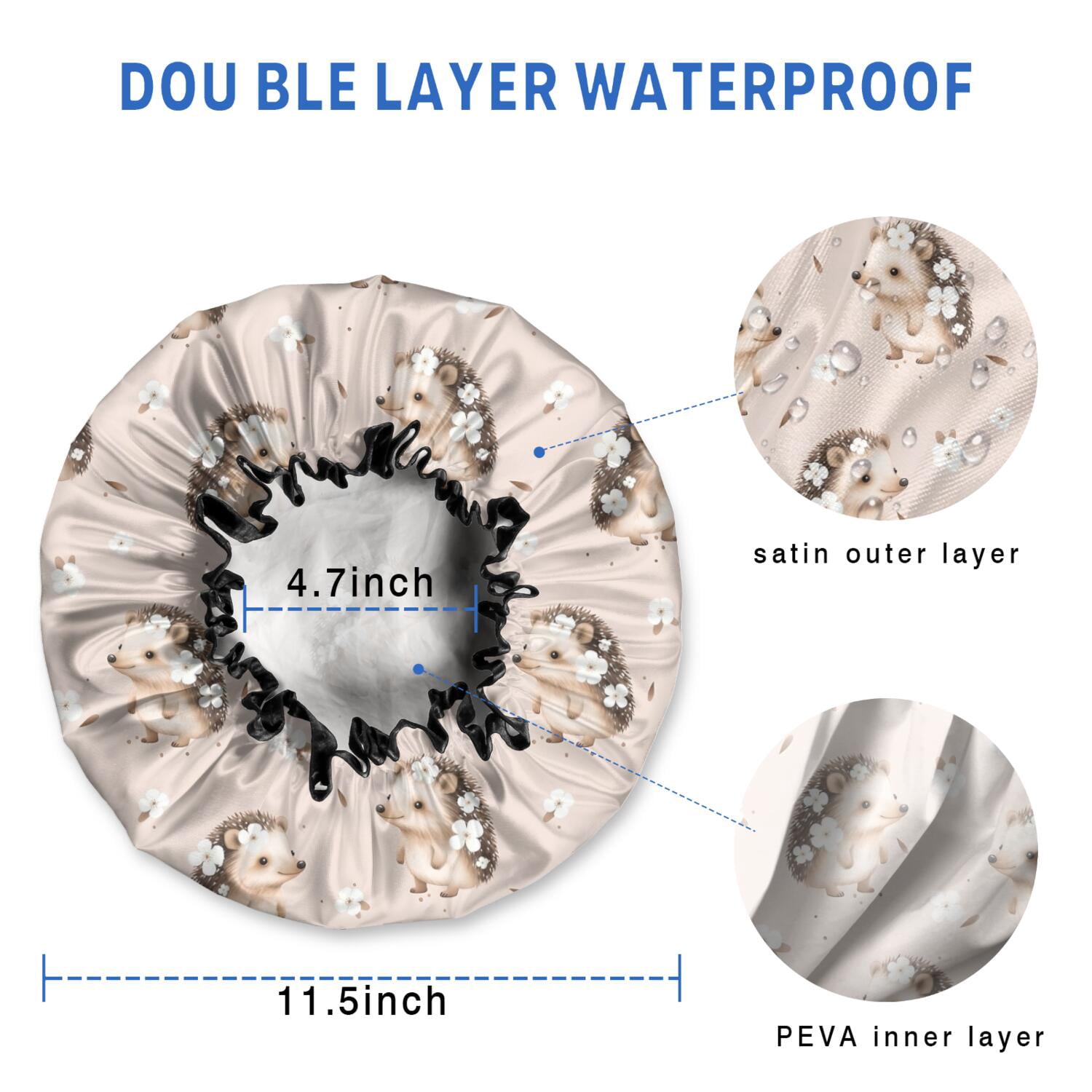 Shower Caps,Cute Hedgehog Pattern with Flowers Waterproof Shower Cap for Women 4 Pieces,Double Reusable Hair Cover for Shower PEVA Elastic Stretch Hem