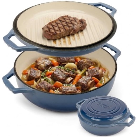 Gennua Kitchen 2-in-1 Enameled Cast Iron Dutch Oven Braiser, 3.3 Qt Oven Safe Casserole Pot with Reversible Grill Lid for Braising, Baking & Grilling