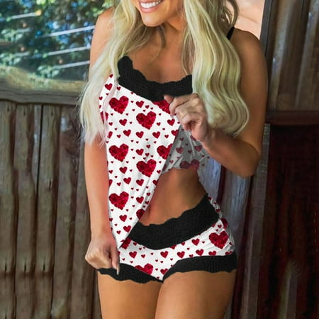 

Lingerie Women Women Print Pajamas Sleeveless Lace Cami Shorts Lingerie Sleepwear Set White