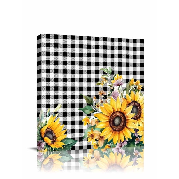 Pastoral Sunflower Canvas Wall Art, Wildflowers Country Black Buffalo Plaid Framed Wall Decor Modern Artwork Prints Painting for Living Room, Bedroom, Kitchen & Cafe Decor 8x8 Inch