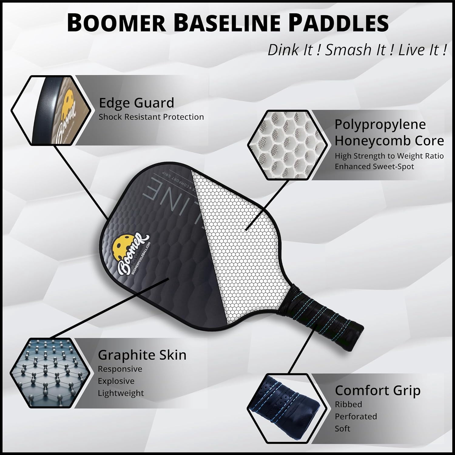 Boomer Baseline Pickleball Paddle Set with 2 Graphite Paddles and 4 Balls, Polymer Honeycomb Core, Cushion Grip