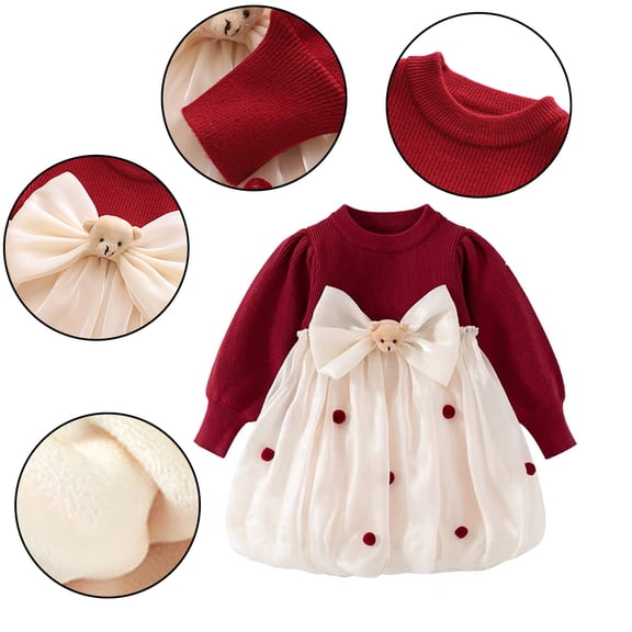 KYAIGUO Toddler Girls Christmas Bear Dresses Fall Winter Clothes Princess Dresses Vintage Fall Winter Clothes 3M-4T
