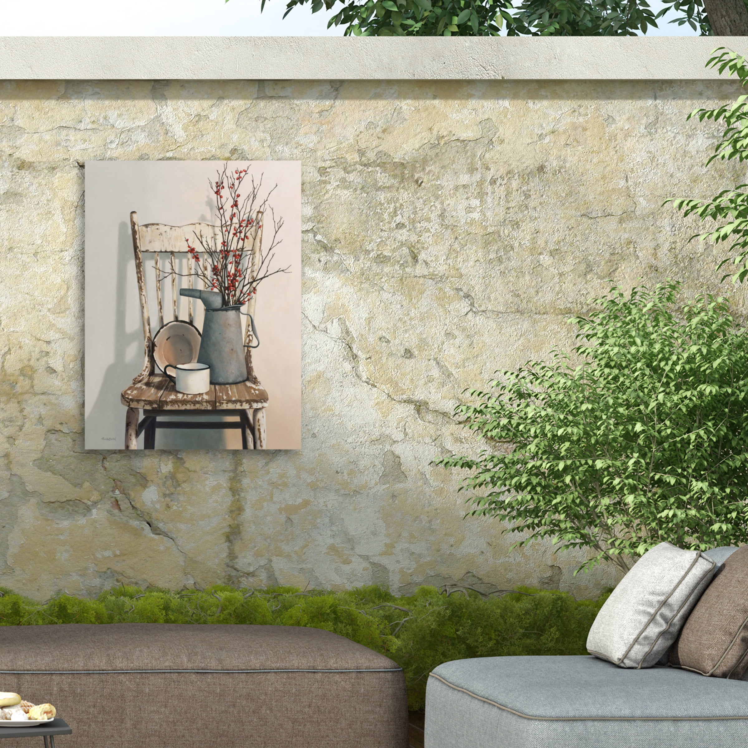 Cecile Baird 'Watering Can On Chair' Outdoor Canvas 19x14
