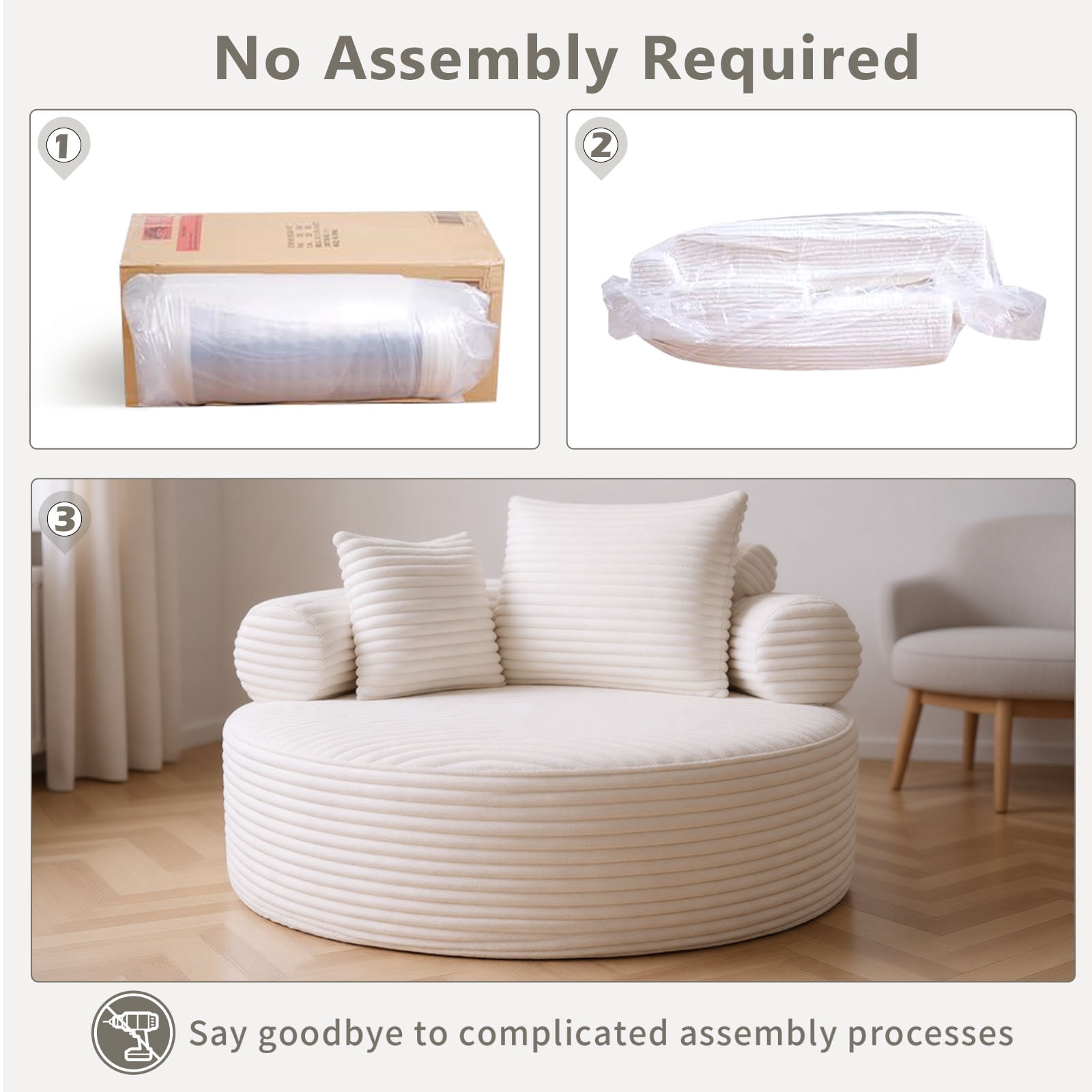 Miniyam 55.5" W Round Oversized Chaise Lounge Indoor, Modern Sleeper Sofa for Living Room, Cloud Couch with 3 Pillows, White