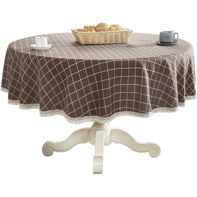 Heavy Weight Cotton Linen Tablecloth Lace Plaid Round Table Cloth for Kitchen Dining Room Tabletop Decoration, 48" - Round, Coffee