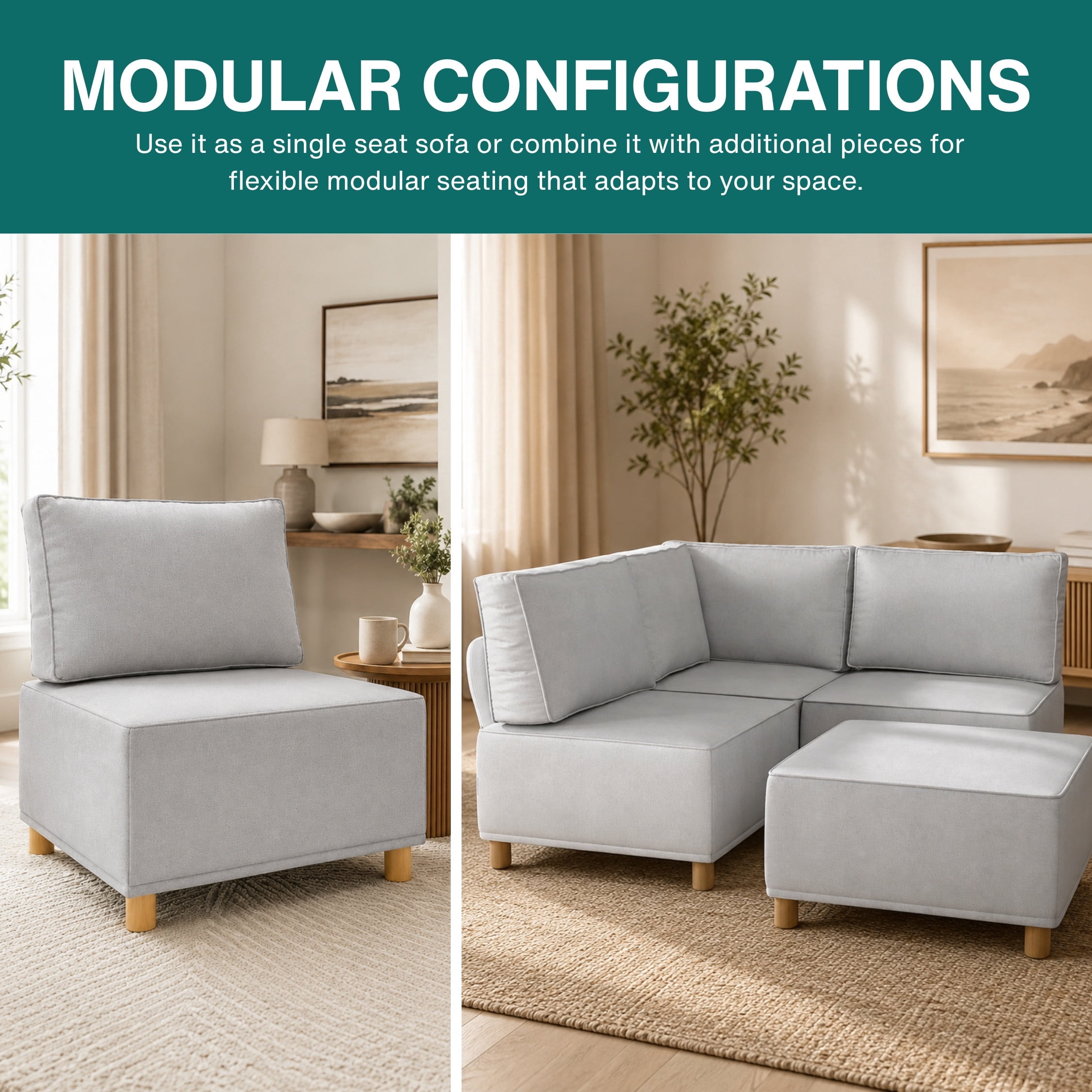 Chromcraft McKenzie Modular Armless Chair, Modular Sectional Sofa Component, 1-Piece Single Seat Sofa, Memory Foam Seating, Gray Fabric, Living Room