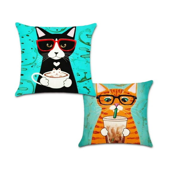 Cats with Coffee Design Cotton Linen Fabric Pet Decorative Indoor / Outdoor Throw Pillow Cover Set 18x18