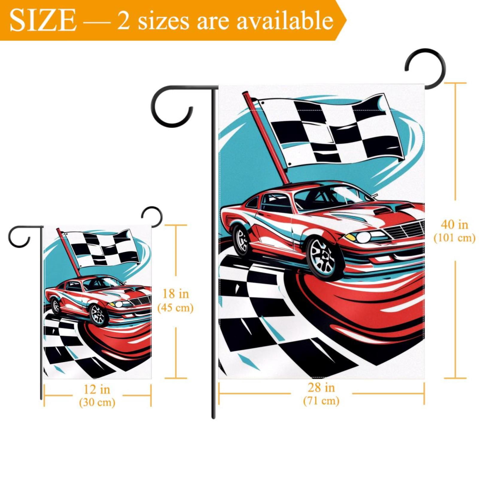Welcome Speeding Racing Car with Checkered Flag Pattern Garden Flag, Vertical Double Sided Small House Flag, Yard Farmhouse Outdoor Deck Veranda Lawn Decor 28x40 Inch