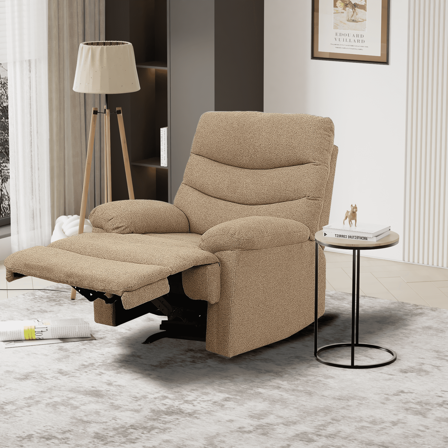 Nathaniel Home, 2pcs Accent Chair Sets, Recliner Chair with Side Table, Mocha Brown Single Manual Reclining Sofa, Snack C-Shaped Table, Round End Tables