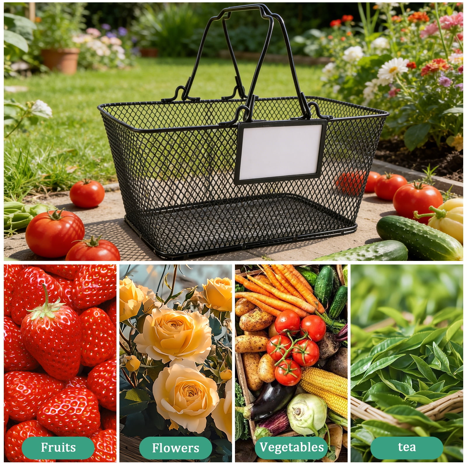 Brabtod Metal Mesh Harvest Basket with Handle & Magnetic Label, Multipurpose Garden Harvesting Basket for Fruits, Vegetables & Produce, Kitchen Storage Organizer