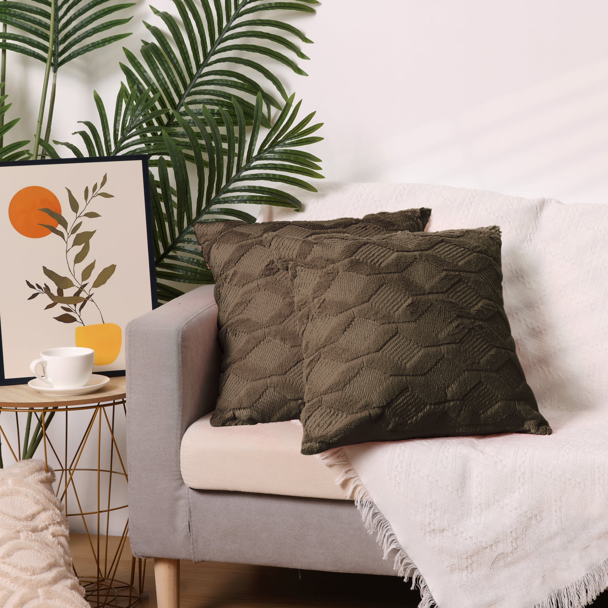 Unique Bargains Short Plush Solid Living Room Decorative Pillow Covers (2 Count) Dark Brown 18" x 18"