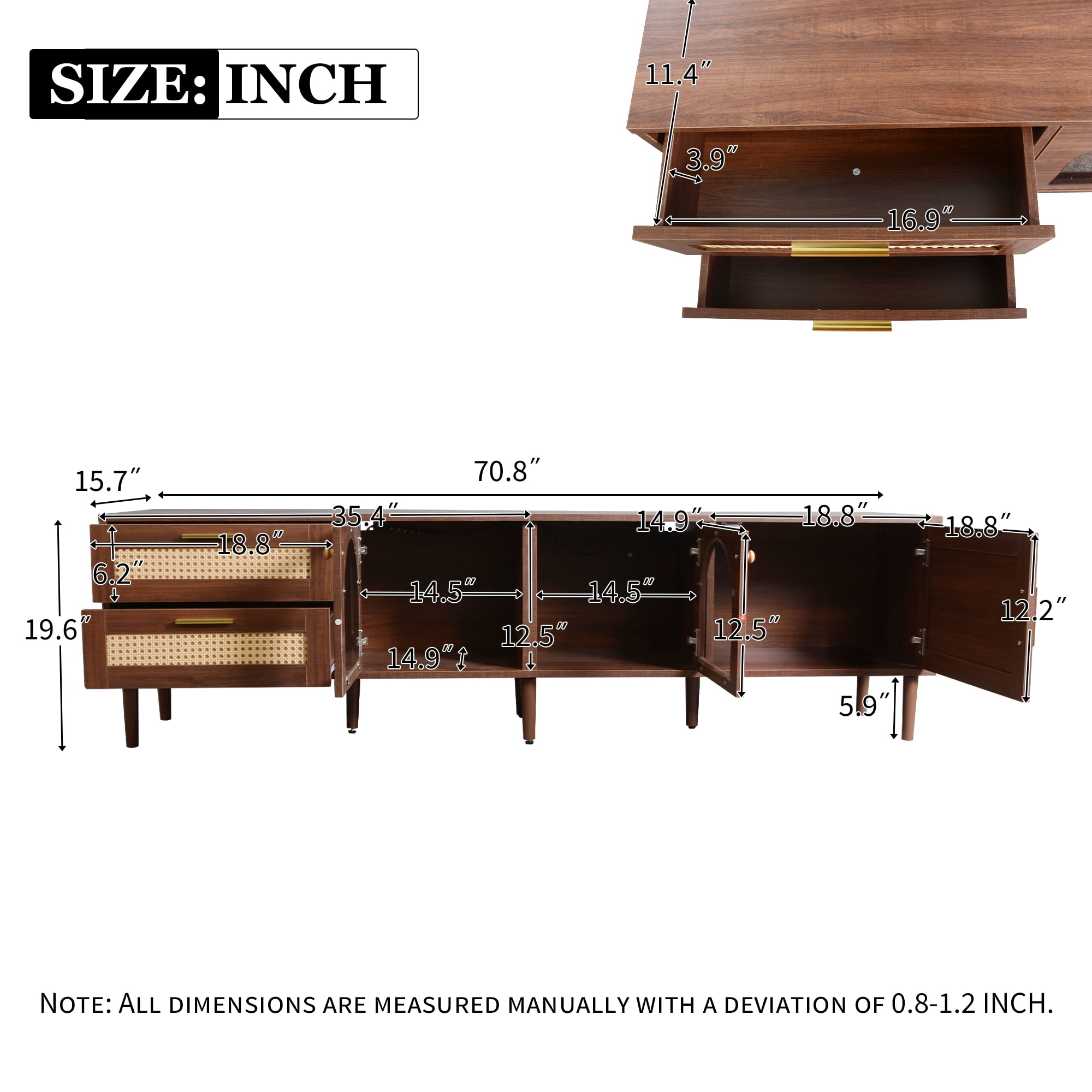 Harper & Bright Designs Rattan TV Stand with LED Light for 80 inch TV, Wood TV Storage Cabinet with Glass Doors and 2 Drawer, Media Console with Solid Wood Legs for Living Room, Dark Brown