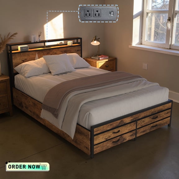 Tcbosik Queen Size Platform Bed with Charging Station and LED Lights, Bed Frame with 8 Storage Drawers, Metal Slats Support, Noise-Free, Black & Brown