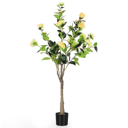 2-Pack 47.2 Inch (1.2M) Artificial Camellia Tree - Yellow Flower Potted Faux Plant for Indoor Home Decor, Living Room, Office & Patio