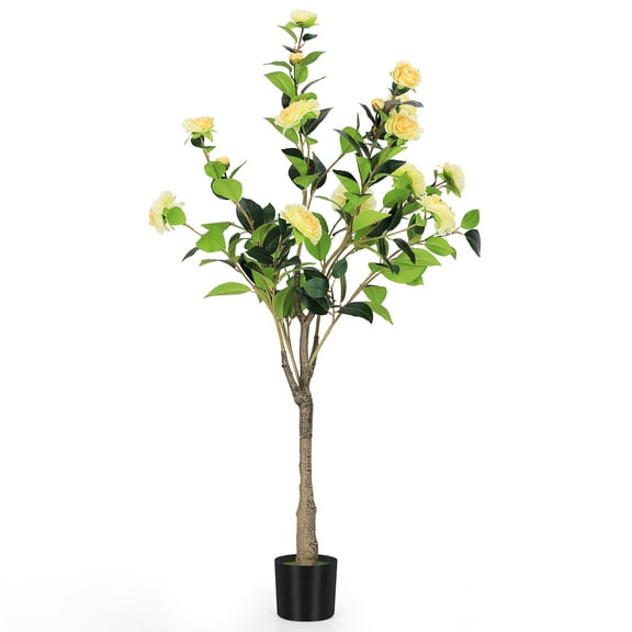 2-Pack 47.2 Inch (1.2M) Artificial Camellia Tree - Yellow Flower Potted Faux Plant for Indoor Home Decor, Living Room, Office & Patio