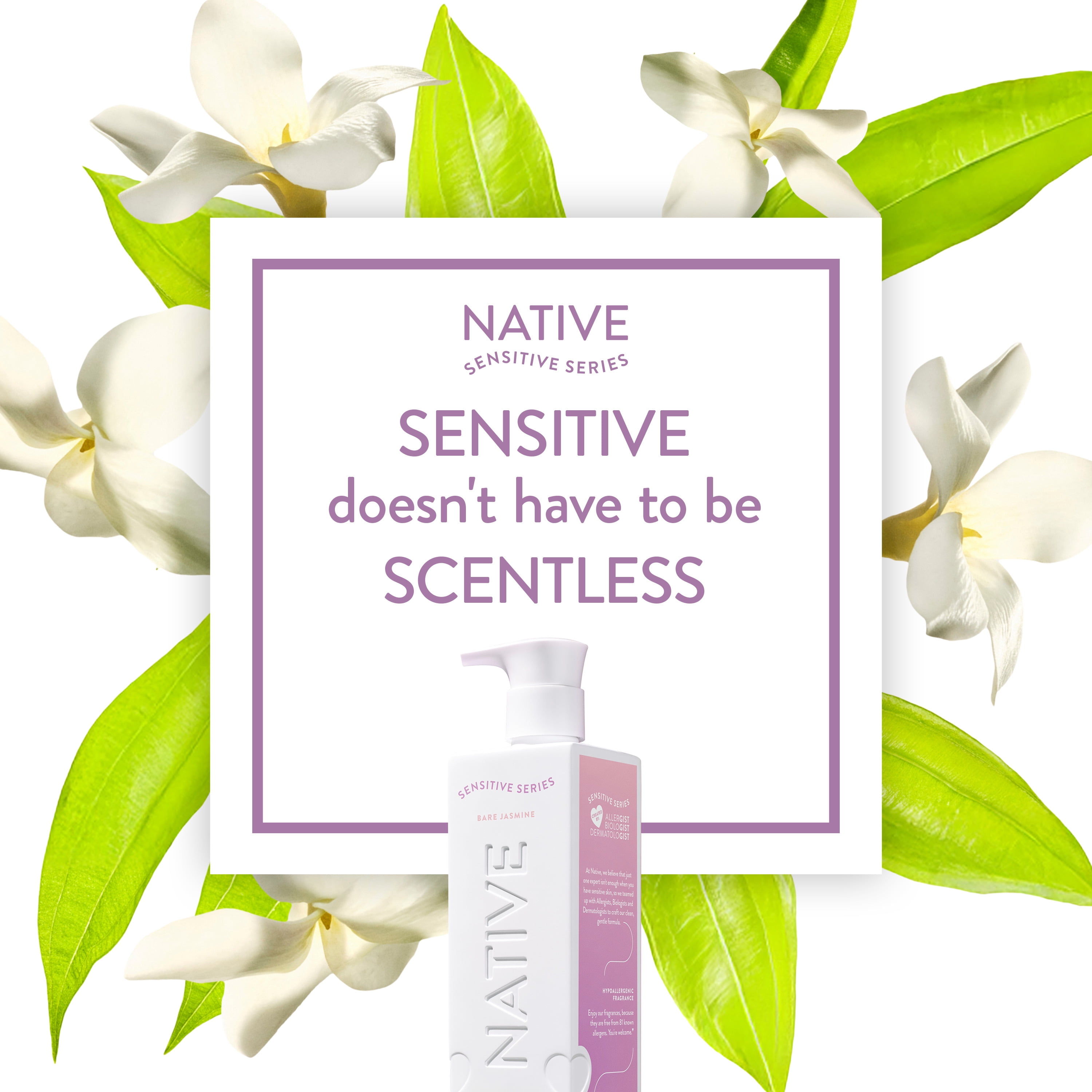 Native Body Wash for sensitive and dry skin, Bare Jasmine, Instant Soothing, Hypoallergenic, 18 FL Oz
