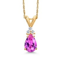 Gem Stone King 14K Yellow Gold Pink Created Sapphire and White Topaz Pendant Necklace for Women | 1.06 Cttw | Gemstone September Birthstone | Pear Shape 8X5MM | With 18 inch Chain