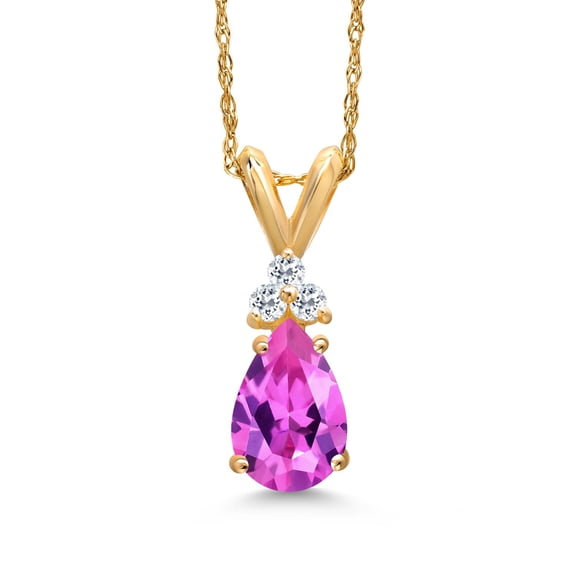 Gem Stone King 14K Yellow Gold Pink Created Sapphire and White Topaz Pendant Necklace for Women | 1.06 Cttw | Gemstone September Birthstone | Pear Shape 8X5MM | With 18 inch Chain
