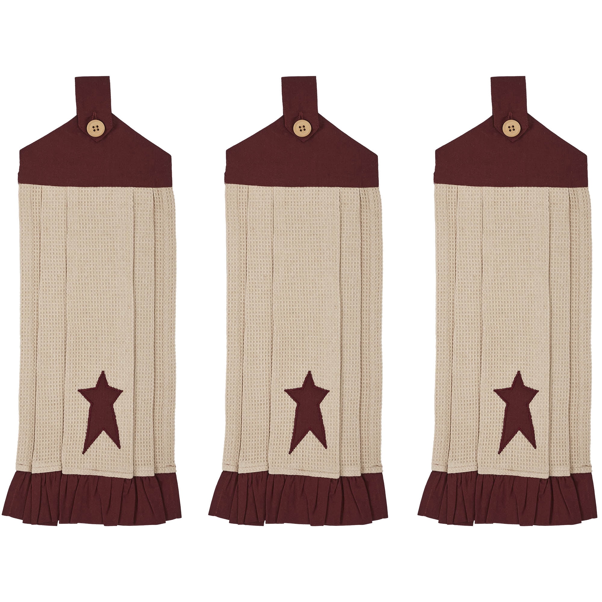 VHC Brands Cotton Connell Button Loop Kitchen Towel Set of 3, Hanging Kitchen Towel, Appliqued, Bath, Kitchen, Connell Collection, Rectangle 21x7, Star, Burgundy