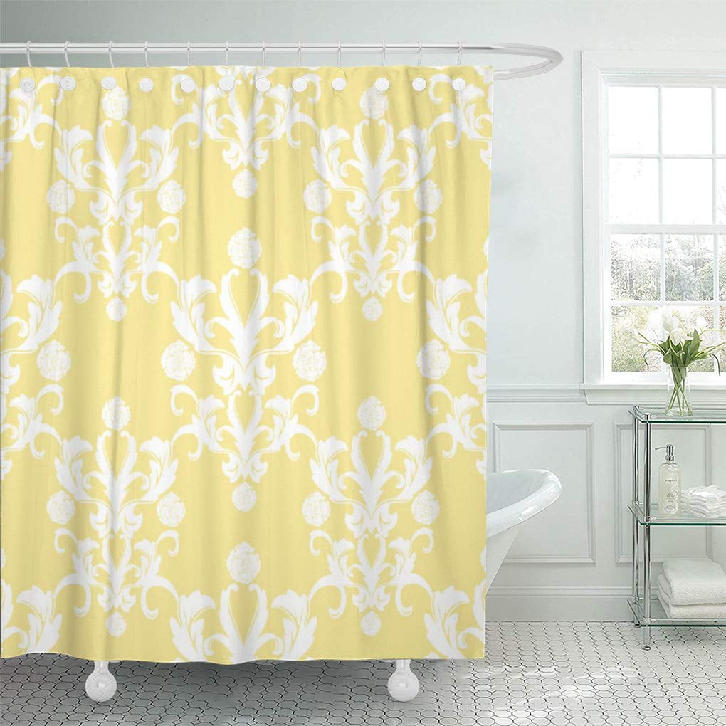 CYNLON Floral Pale Yellow Damask Vintage Shabby Chic White Antique