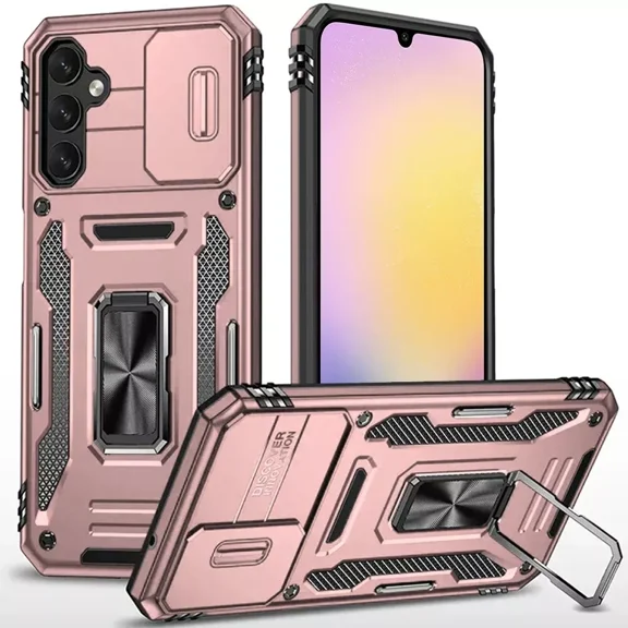 For Samsung Galaxy A15 5G S156V Utter Hybrid Kickstand Cover Cell Phone Case   Tempered Glass - Rose Gold