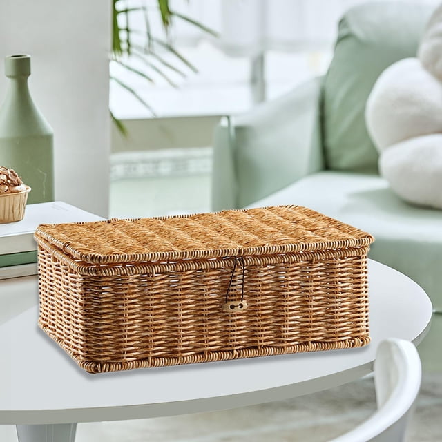 Cesta de almacenamiento con tapa, resistente, decorativa, rectangular, organizador para el hogar, para cocina, despensa, guardería, mesa de oficina. Longitud 31 cm
