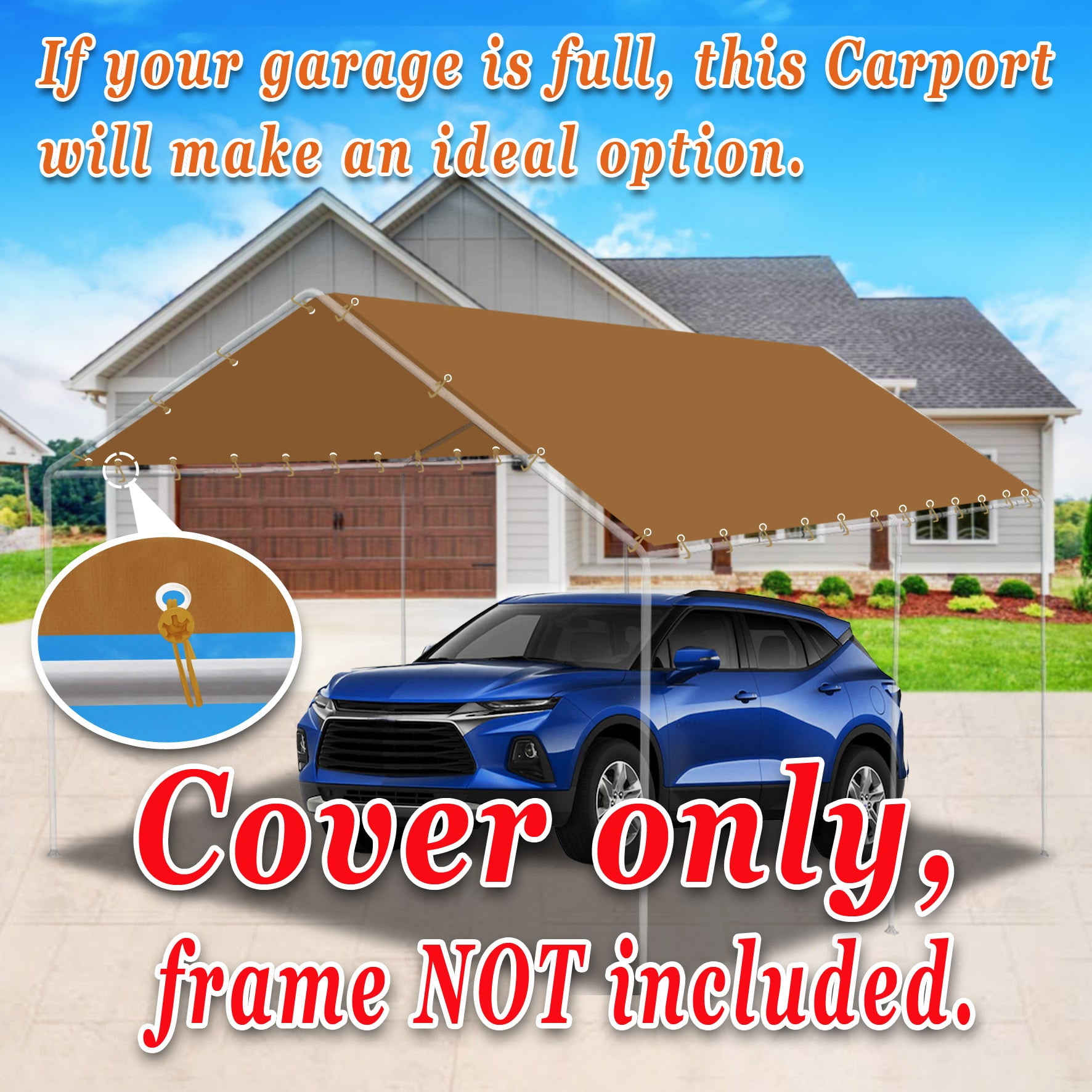 SUNNY OUTDOOR 10x20' Carport Tent Top Garage COVER ONLY w Bungee, Waterproof Replacement Canopy, without edge (Grey)