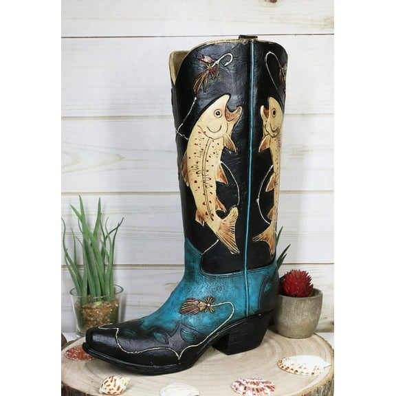 Western Fishing Angler Bass Fishes Cowboy Cowgirl Boot Vase Planter Figurine