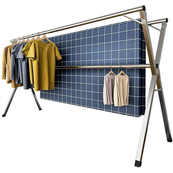 Clothes Drying Rack, 79 inch Heavy Duty Stainless Steel Laundry Drying Rack, Foldable &Length Adjustable Space Saving Garment Rack, with 20 Windproof Hooks.