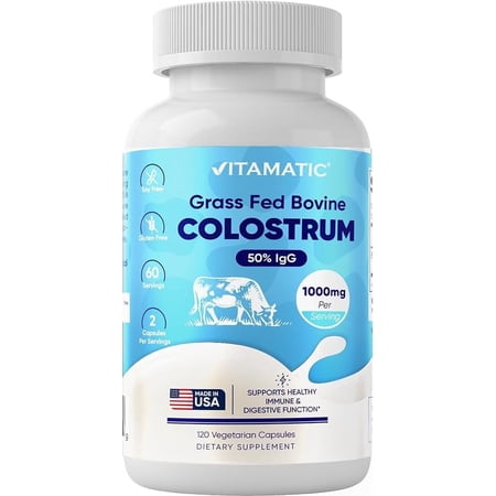 Vitamatic Bovine Colostrum Supplement 1000 mg per Serving - 50% Highest IgG - Supplement for Gut Health, Hair Growth, Beauty, Muscle Recovery, & Immune Support - 120 Capsules