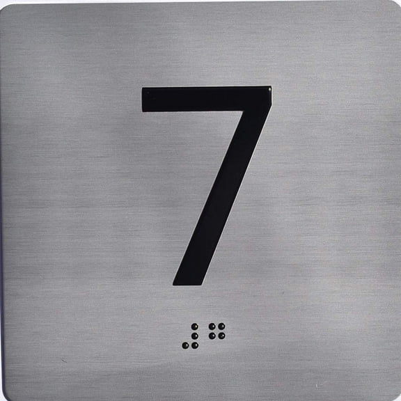 Apartment Number 7 Sign with Braille and Raised Number (Aluminum, 4x4, Double Sided Tape, Silver) (ref-2201)