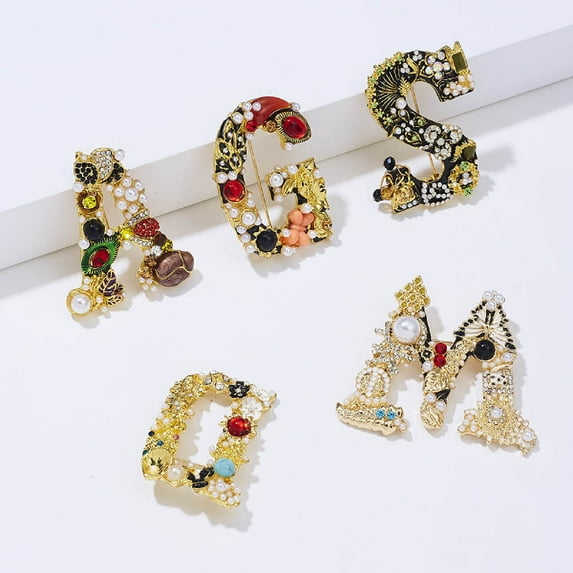 Naierhg Enamel Brooch Pin Muti-Color Letter Shape Women Rhinestone Faux Pearl Brooch Pin for Party
