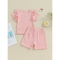 thumbnail image 5 of Baby Girls 2 Piece Outfit Solid Color Ribbed Ruffle Short Sleeve T-Shirt and Elastic Shorts Set Summer Clothes, 5 of 10