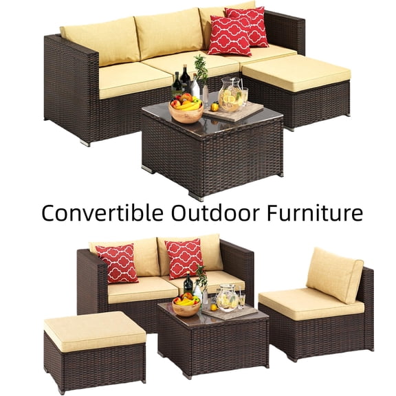 5 Pieces Patio Furniture Set,Jolifa Outdoor Sectional Furniture Set for Patio|Garden|Backyard, Beige