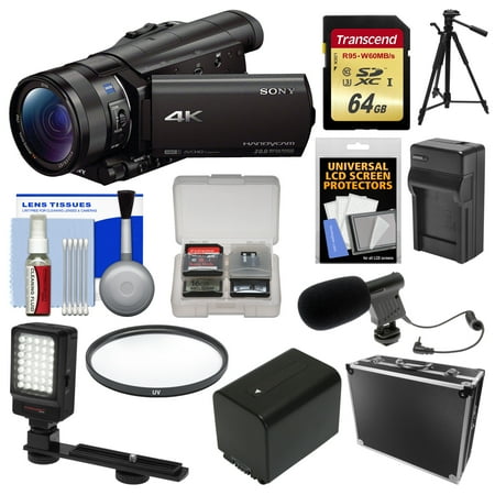 Sony Handycam FDR-AX100 Wi-Fi 4K HD Video Camera Camcorder with 64GB Card + Case + LED Light + Battery/Charger + Mic + Tripod + Filter Kit
