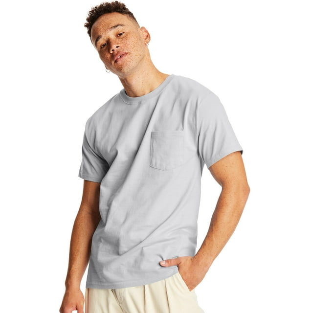 Hanes Adult Beefy-T Pocket T-Shirt 2-Pack, S, Light Steel
